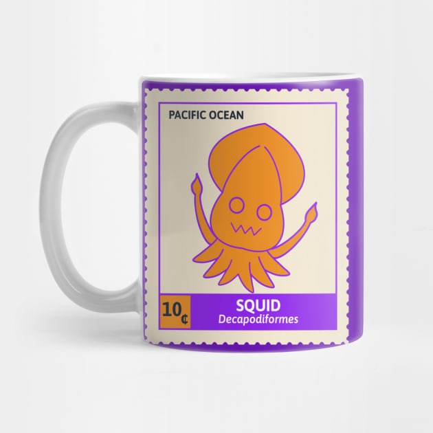 Kawaii Cute Silly Orange Squid, Ocean Stamp Collection, Stamp Collector by vystudio